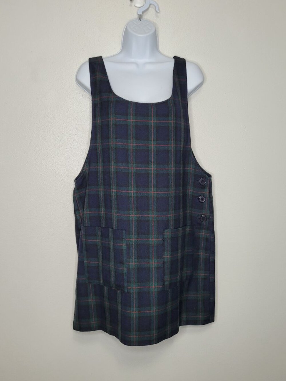 Vintage 90s Casual Corner blue green plaid chore pocket preppy jumper dress L